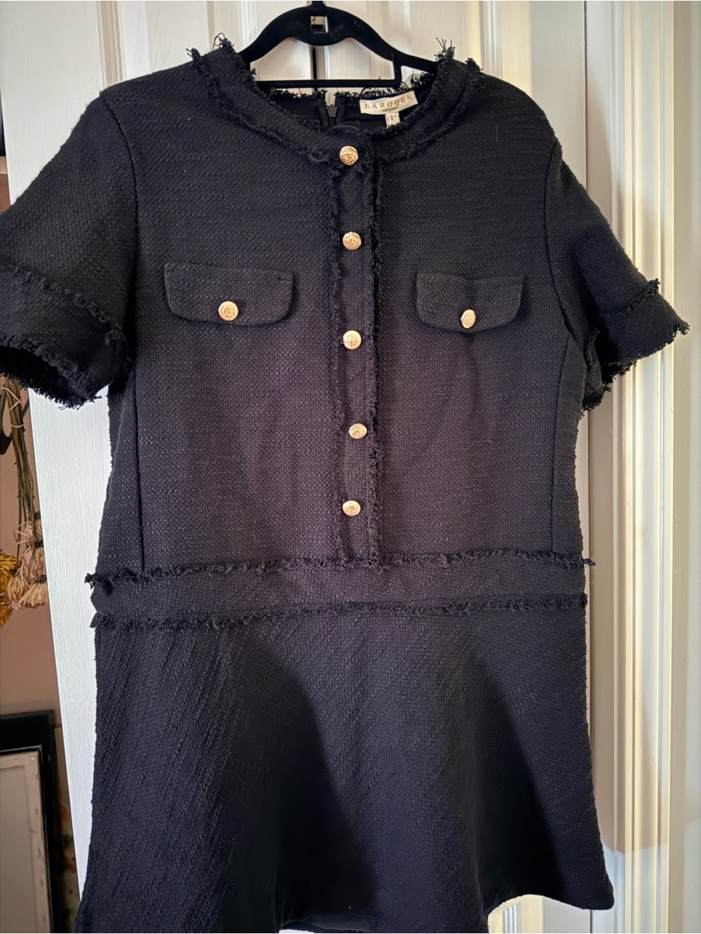 LaRoque NWT Brookes Black Tweed Dress Gold Buttons Sz Large Quiet Luxury